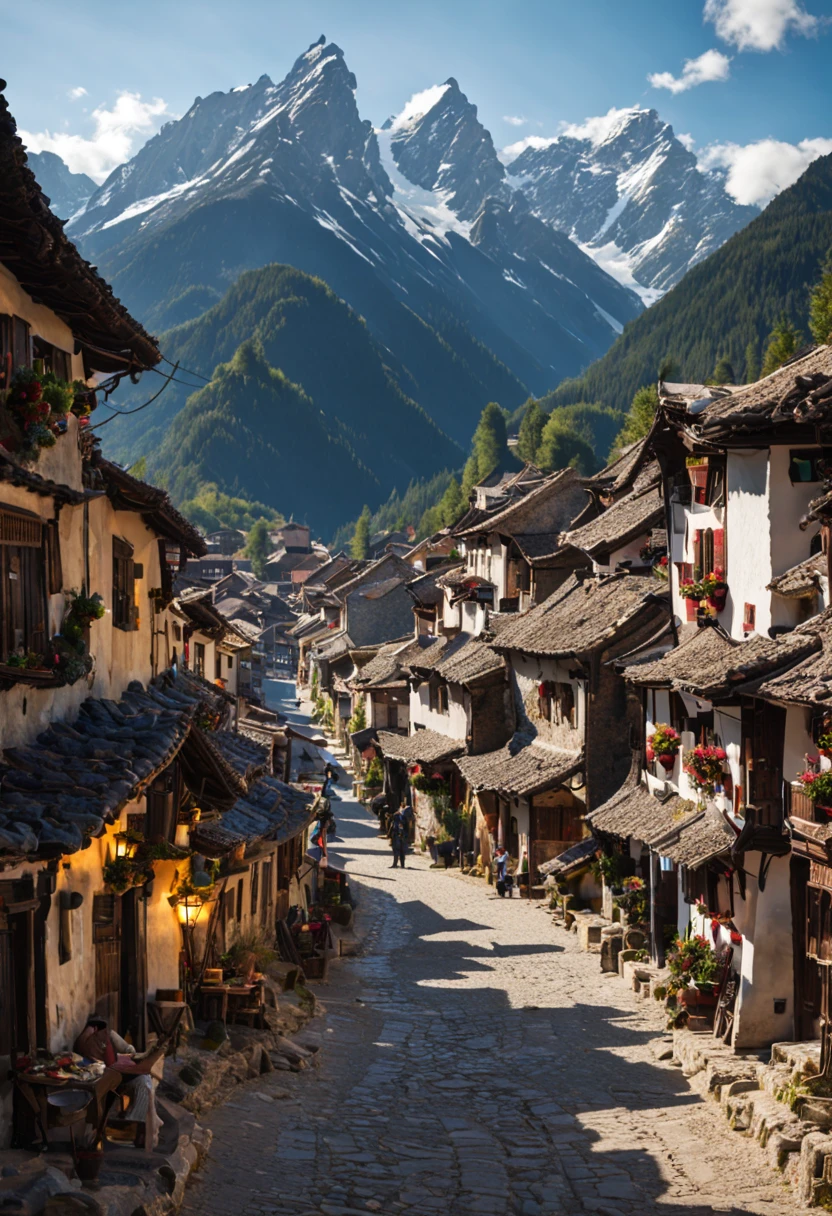 ancient mountain village town center lively