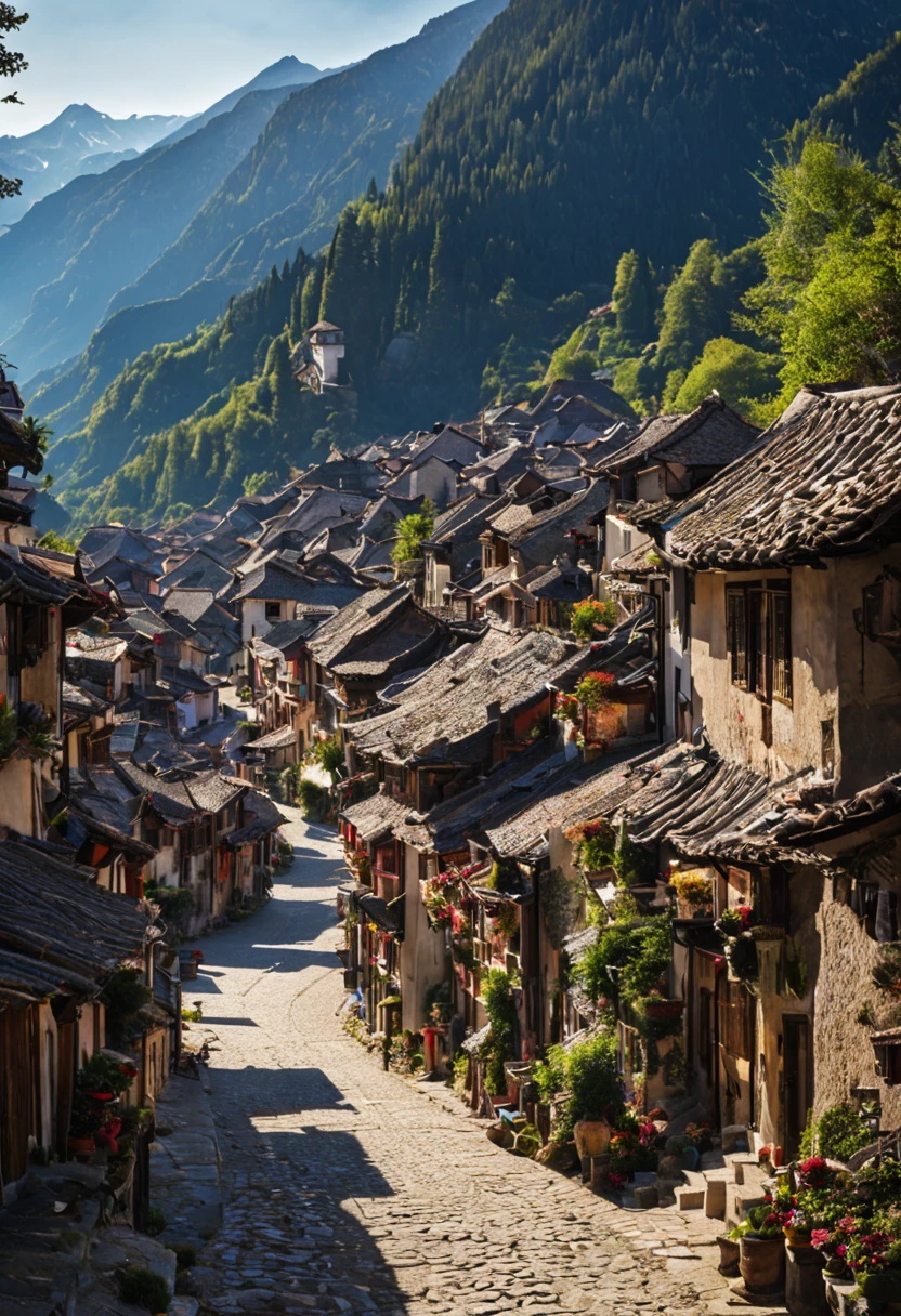 ancient mountain village town center lively