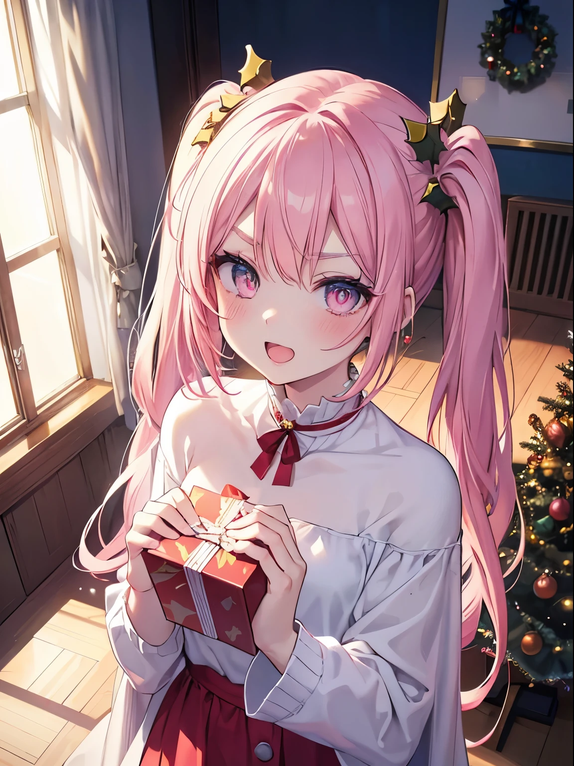 masutepiece, Highest Quality, (Perfect face:1.1), (high detailing:1.1), (ultradetailed eyes), Dramatic, superfine illustration, Extremely detailed,1girl in, (pale skin), Happy, Laugh, Enjoy, Cheerful,Open mouth,gloweyes,pinkhair, (long twintail),Ethereal eyes, pink eye,(light eyebrow),blush, Solo,Pouty lips,Cinematic lighting,upper body,Looking up,learning forward,from above, Christmas, Santa Claus costume,Christmas tree, holding the Christmas present box, indoor,room,winter backgraund,morning,sunny