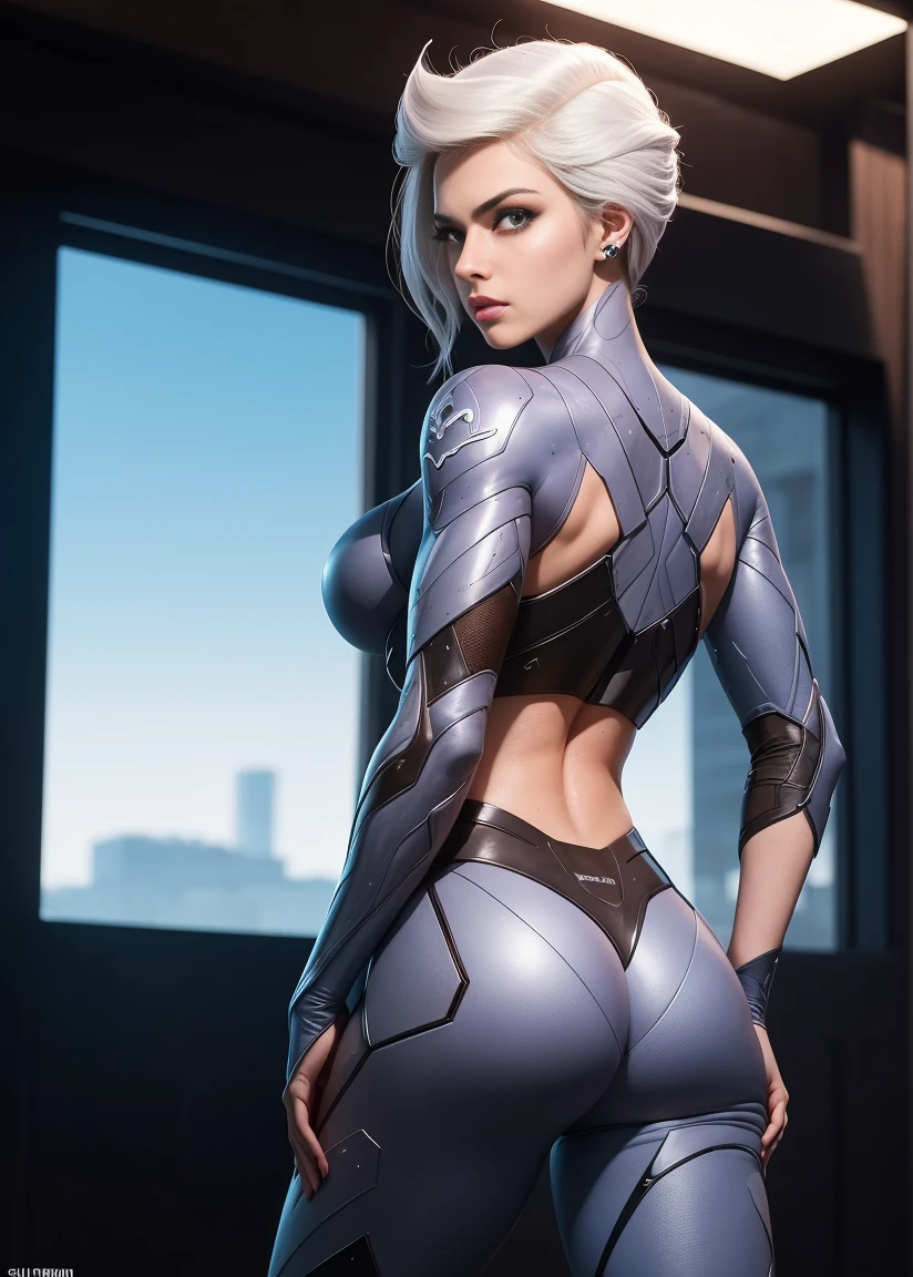 cartoon,(best quality:1.15), (masterpiece:1.17), (detailed:1.15),
SteelHeartQuiron character,Steelheart from silverhawks 80's tv show, show off her back muscles,  also flexing left arm, all her body covered by silver except for her face, hair are short and wavy, she is beautiful with blue eyes, very fit body, muscular,  thin, big boobs, abs,  mid distance shot , she is in the gim, blurry background, very realistic,  photo realistic,  8k, american cartoon style, artgerm style, cinematic lighting