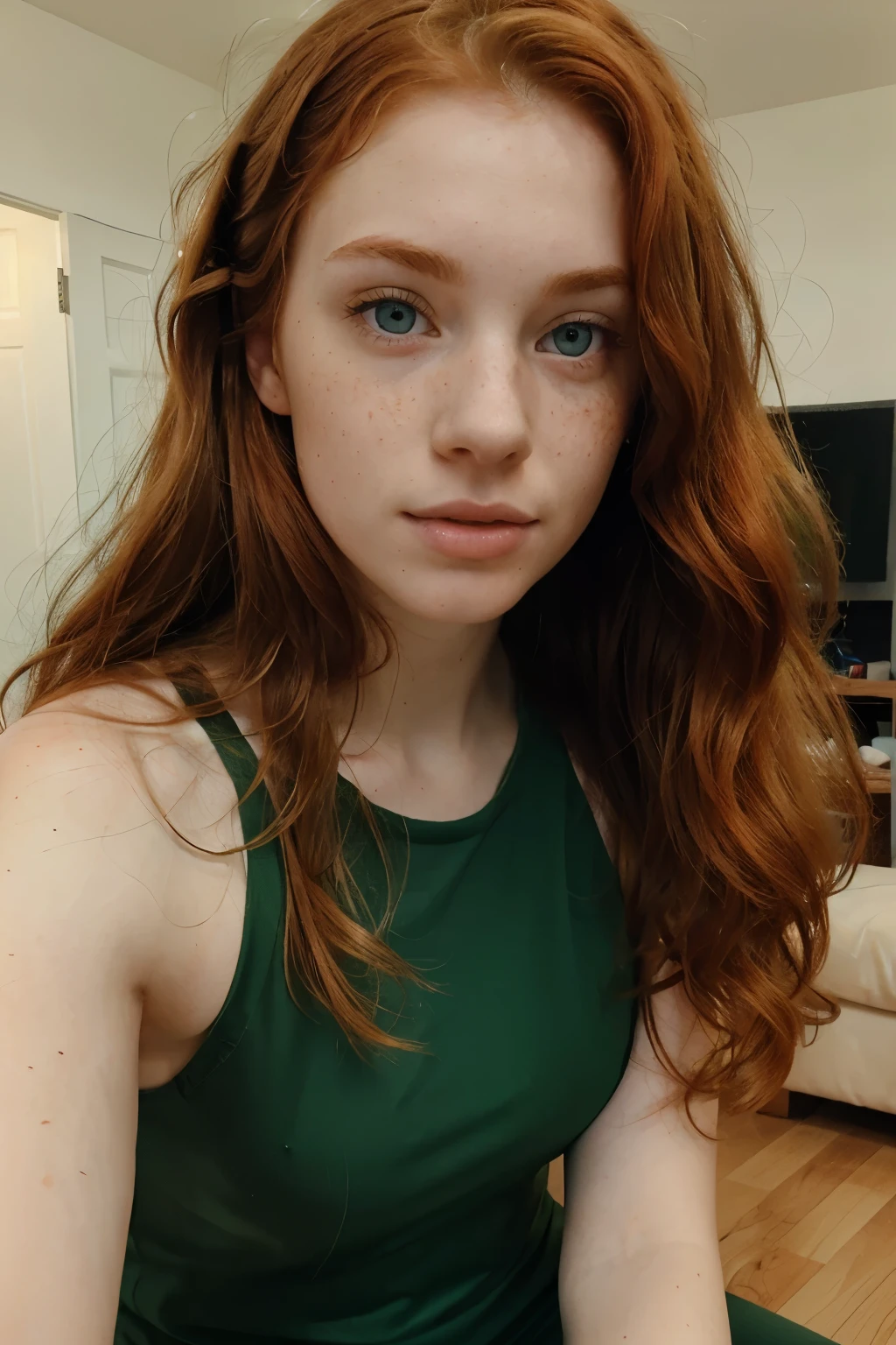 A close up of a woman with red hair and a green dress SeaArt AI