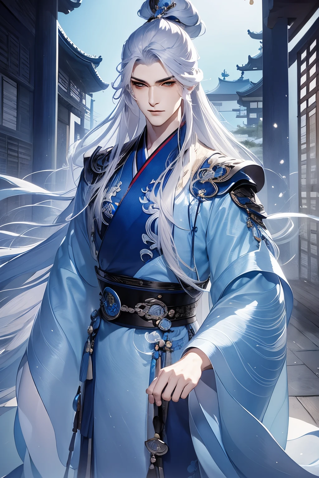 1人,Mature male,cabelos preto e longolack and blue clothing,独奏,(natta,starrysky,:1.2)Long blue hair, eBlue eyes,Chinese folk tales,swordsman,dynamic angle,