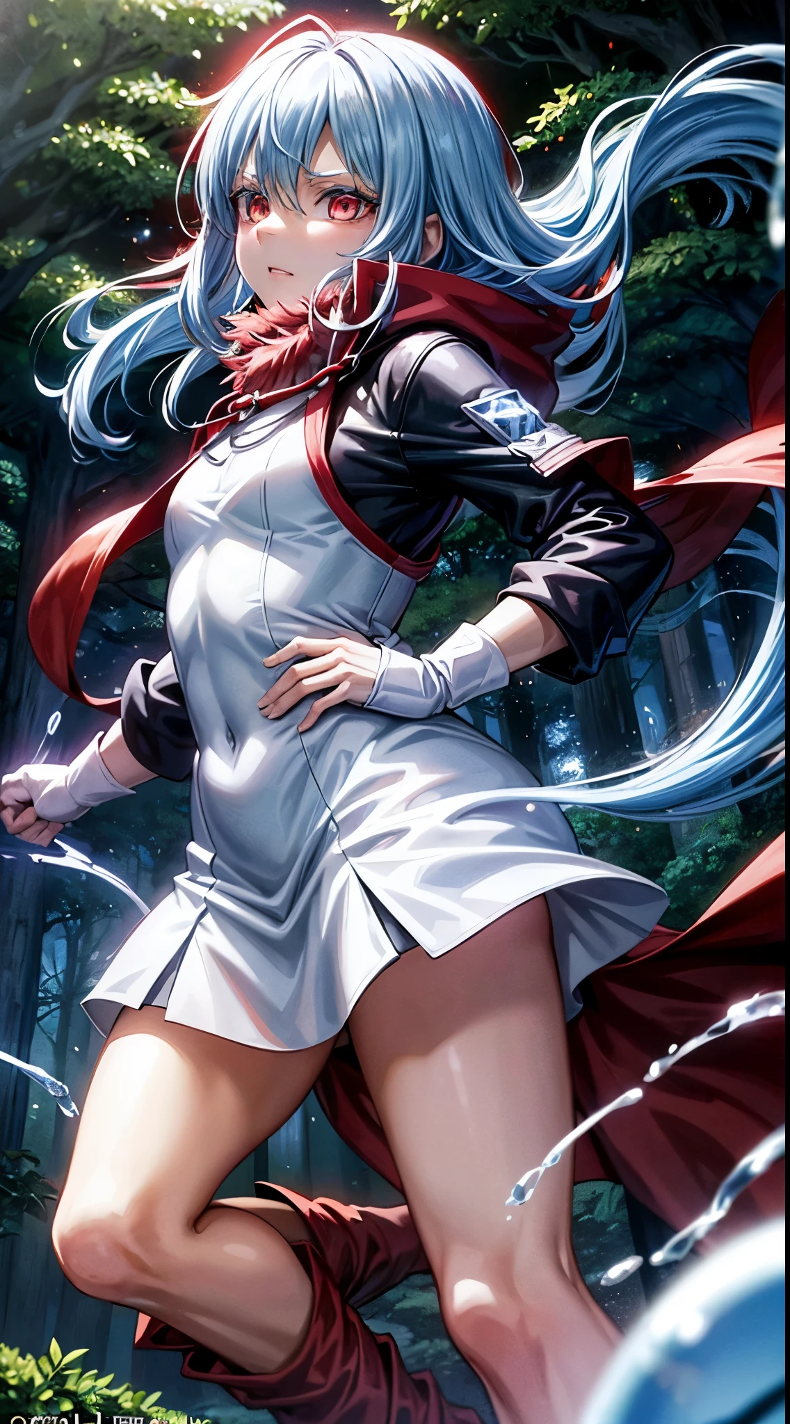 (an adult tensei shitara slime anime character) Rimuru Tempest, with prominent and piercing eyes of a (((scarlet red))), which exude an aura of cold determination and a sharp intelligence, (hair is light heavenly blue), flowing and smooth, neutral mouth, cold gaze, reflecting an unshakable personality and an indomitable spirit, The white hood that covers the character's head adds a touch of mystery and nobility, complementing his enigmatic and powerful presence, complete character, ((( setting in the forest))), white skin, highly detailed scenery, (female student outfit), (checkered skirt)