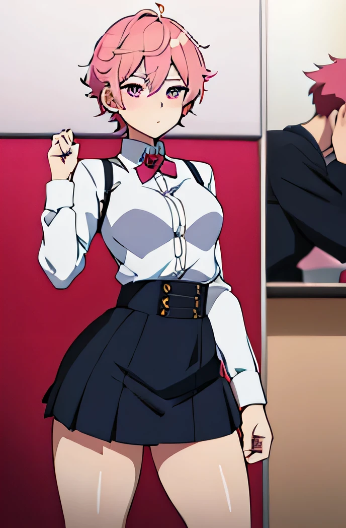 there is a cartoon picture of feminine boy with short pink hair, anime moe artstyle, 1 7 - year - old anime, in an anime style, demon femboy, flat anime style, cute, crossdresser, lewd body, curvy, sexy school girl outfit, doing a cute pose, medium breasts
