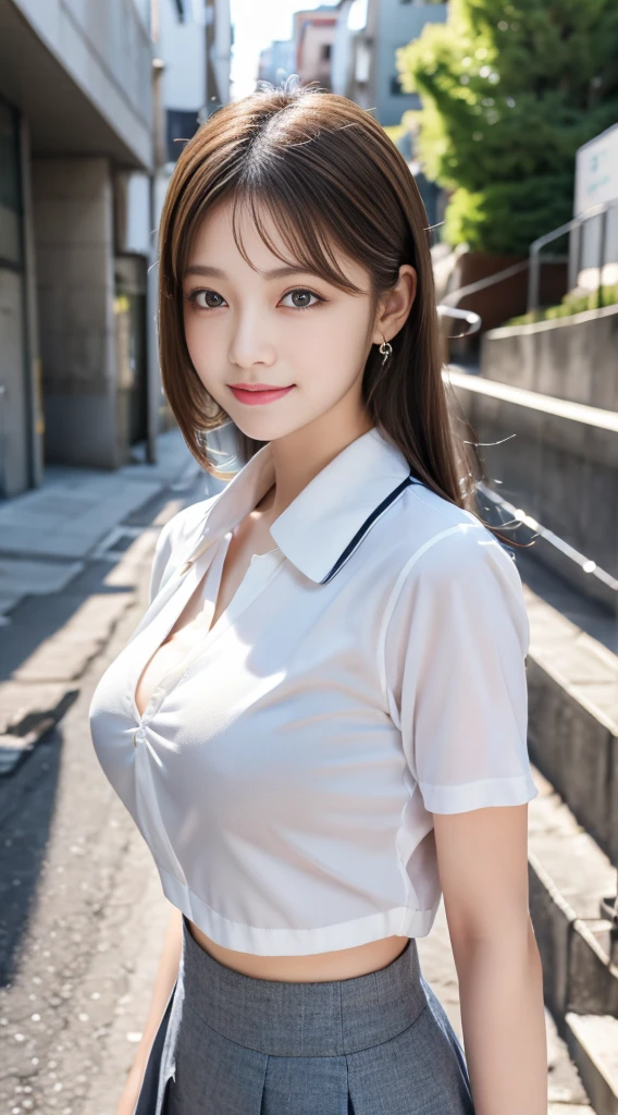 Gray eyes, Korean school uniform, summer school uniform shirt, ribbon tie, skirt, bright blonde, school stairs, going down school stairs, chest thrusting pose, chest bragging pose, 8k raw photo, high resolution, cool Korean at , very big round breasts, beautiful eyes in detail, long eyelashes, beautiful double eyelids, eyeshadow, eyeliner, slender eyes, elongated eye shape, Sanpaku eyes, evil smile, evil look, beautiful very thin legs, beautiful very thin thighs, random medium hair, hair tied behind the head, earrings,