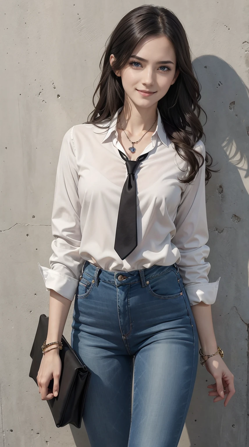26 year old white woman、Hair is brunette、Eye color is blue、Longhaire、Slender but well-proportioned muscular body、wearing a tie front shirt、wearing skinny jeans、wearing a rosary necklace、accessories on the wrist、setting hair、a smile、I have a clutch bag、I am in front of a wall with wall art written on it.、I'm so excited、I'm pulling my hair up、