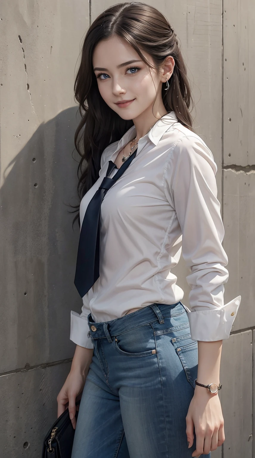 26 year old white woman、Hair is brunette、Eye color is blue、Longhaire、Slender but well-proportioned muscular body、wearing a tie front shirt、wearing skinny jeans、wearing a rosary necklace、accessories on the wrist、setting hair、a smile、I have a clutch bag、I am in front of a wall with wall art written on it.、I'm so excited、I'm pulling my hair up、