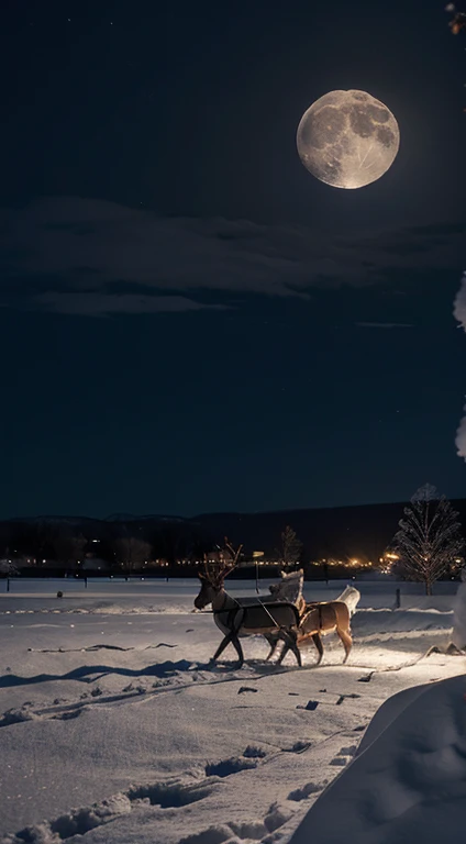 A snowy winter night with a bright full moon. Santa’s sleigh is in the distance, and a silhouette of reindeer is visible against the moonlit sky.