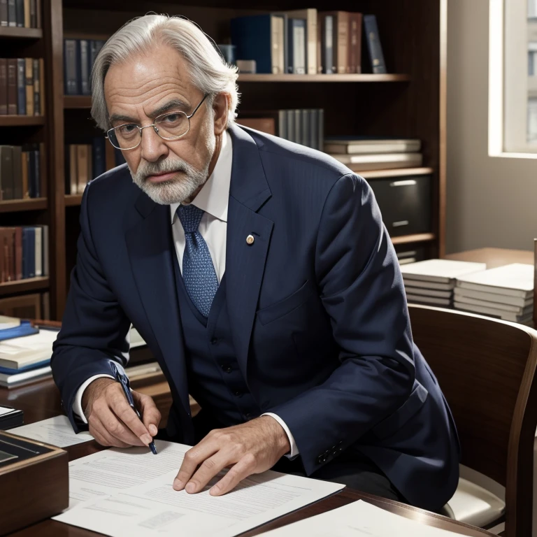 Georges Akerlof, un homme élégant d'un certain âge, est assis derrière son bureau.