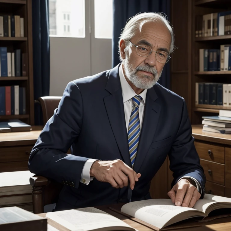 Georges Akerlof, un homme élégant d'un certain âge, est assis derrière son bureau.