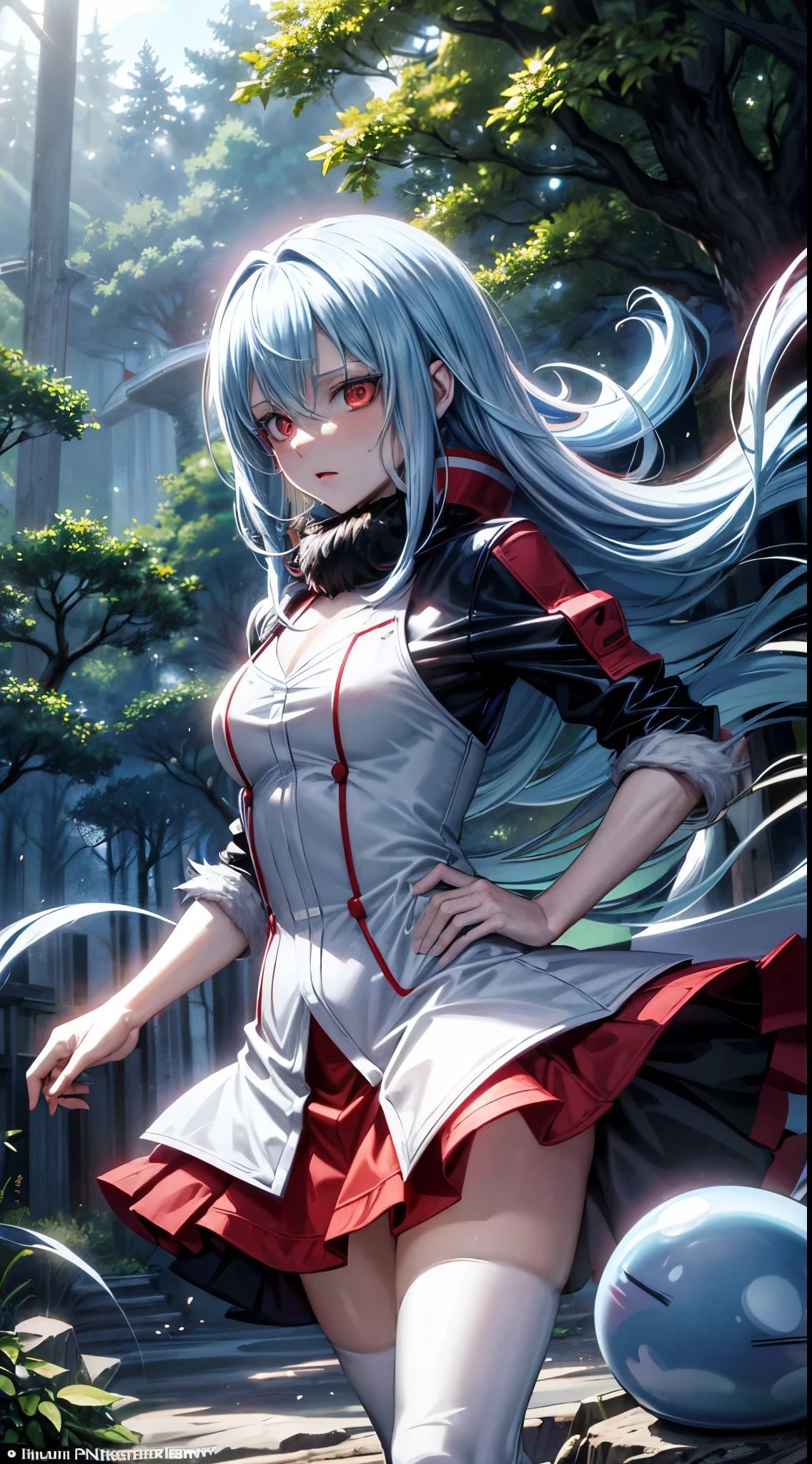 (an adult tensei shitara slime anime character) Rimuru Tempest, with prominent and piercing eyes of a (((scarlet red))), which exude an aura of cold determination and a sharp intelligence, (hair is light heavenly blue), flowing and smooth, neutral mouth, cold gaze, reflecting an unshakable personality and an indomitable spirit, The white hood that covers the character's head adds a touch of mystery and nobility, complementing his enigmatic and powerful presence, complete character, ((( setting in the forest))), white skin, highly detailed scenery, (female student outfit), (checkered skirt)