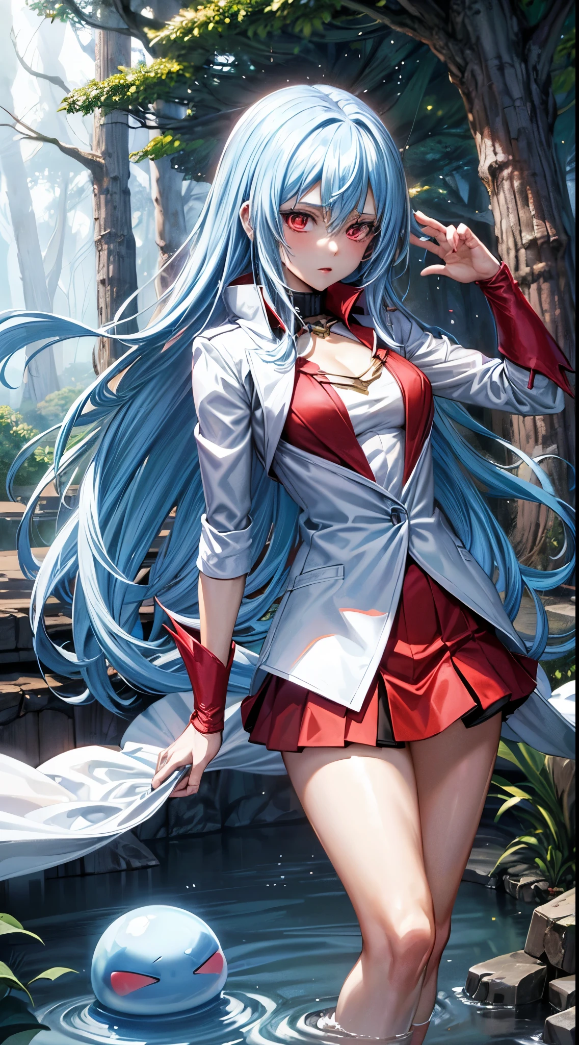 (an adult tensei shitara slime anime character) Rimuru Tempest, with prominent and piercing eyes of a (((scarlet red))), which exude an aura of cold determination and a sharp intelligence, (hair is light heavenly blue), flowing and smooth, neutral mouth, cold gaze, reflecting an unshakable personality and an indomitable spirit, The white hood that covers the character's head adds a touch of mystery and nobility, complementing his enigmatic and powerful presence, complete character, ((( setting in the forest))), white skin, highly detailed scenery, (female student outfit), (checkered skirt)