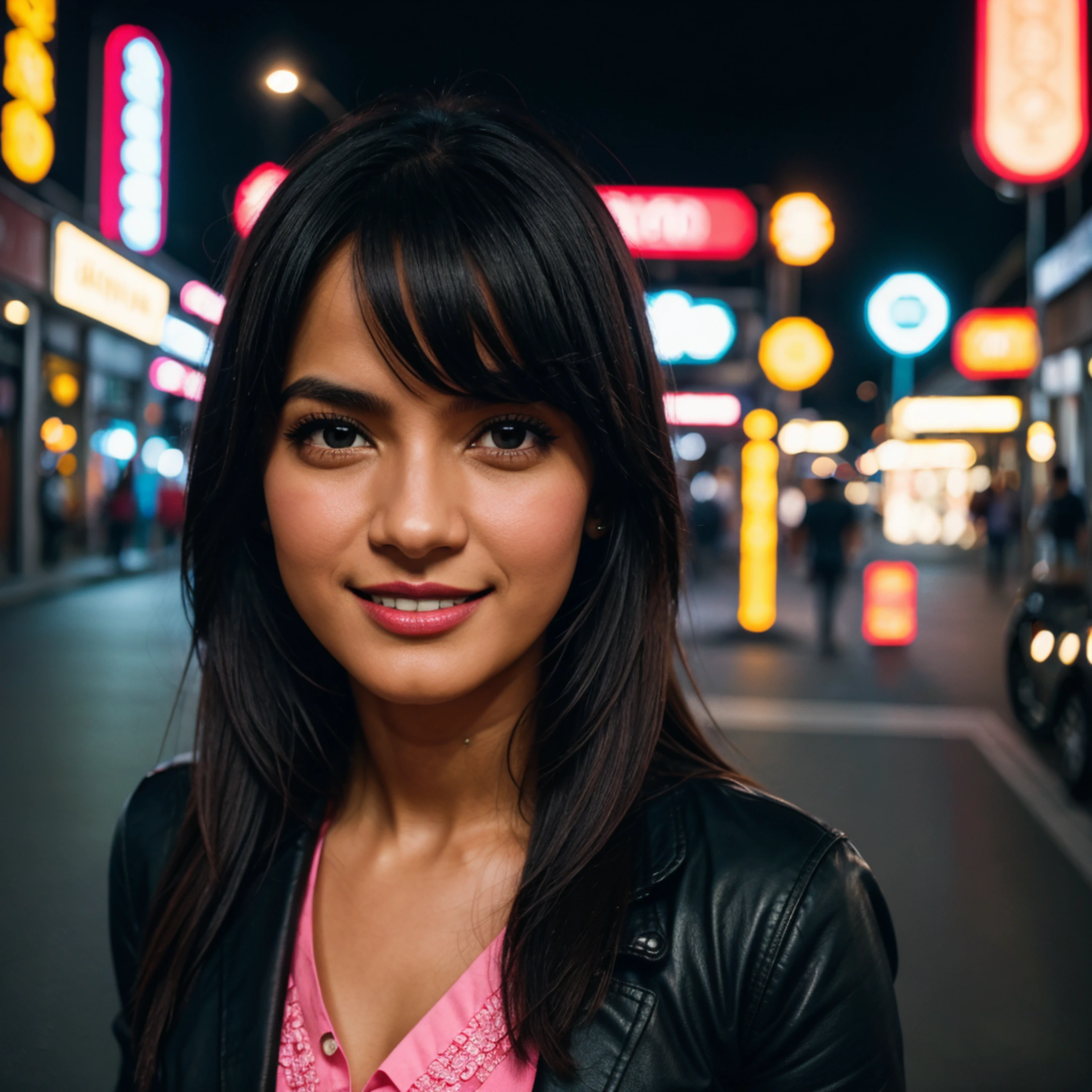 1girl, Cabello largo y rosado, cuernos rojos, Camisa de cuello blanco, corbata negra, sonrisa ligera, ojos amarillos, Corneo_Poder,, Edificios,tiendas,Calles de la ciudad, cielo oscuro, paisaje,neon signs,Ciudad Nocturna, Letras japonesas,, , absurdos, ojos detallados, extremadamente detallado, volumetric illumination, realista, realistic lighting, 8k, cinematic lighting, Profundidad de campo, Perfecto, hiperdetallado, fotorrealista, ultra realista, Luz realista, hard lighting, Detalles intrincados, Stop Motion, mapeo de tonos, foco nítido, hiper detallado,