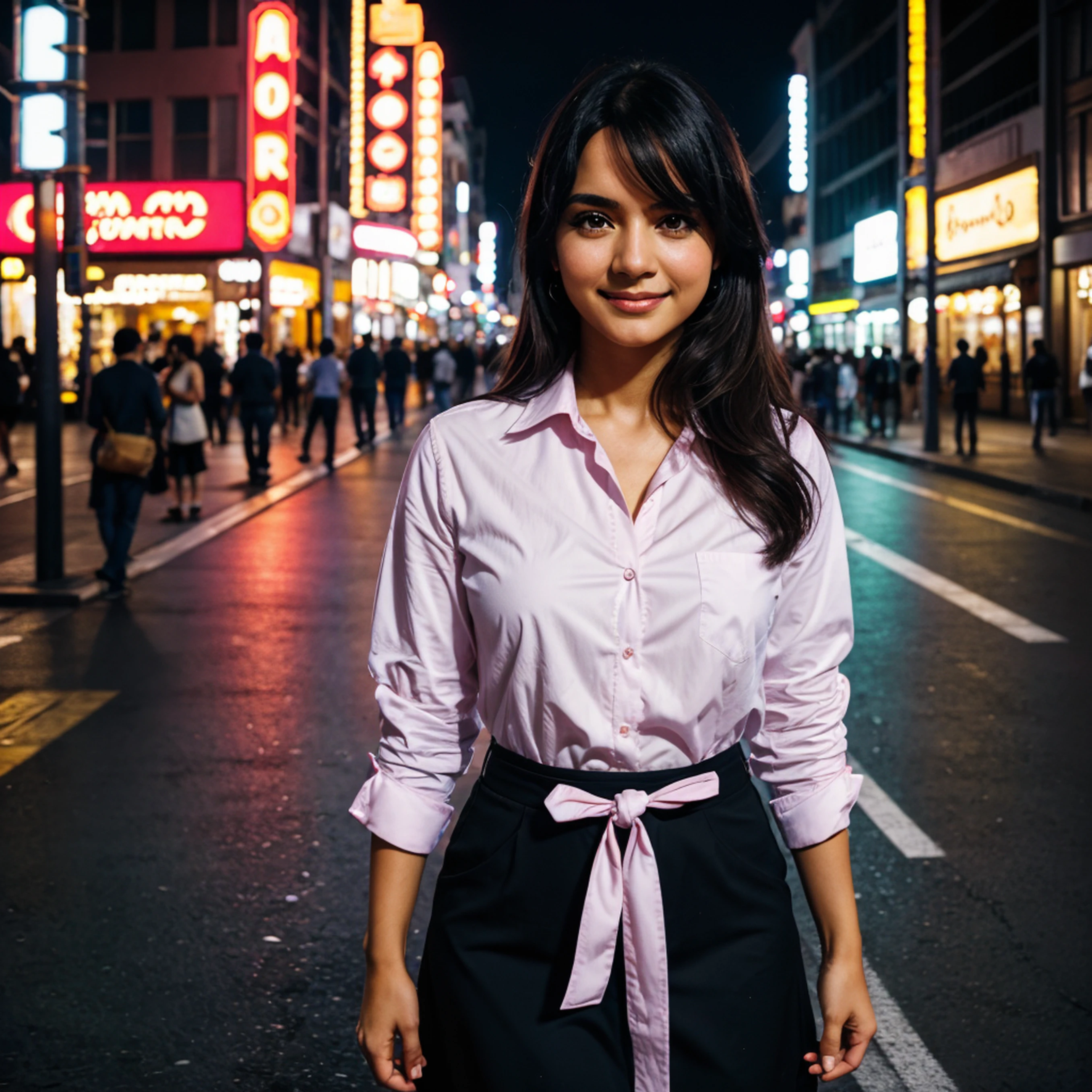 1girl, Cabello largo y rosado, cuernos rojos, Camisa de cuello blanco, corbata negra, sonrisa ligera, ojos amarillos, Corneo_Poder,, Edificios,tiendas,Calles de la ciudad, cielo oscuro, paisaje,neon signs,Ciudad Nocturna, Letras japonesas,, , absurdos, ojos detallados, extremadamente detallado, volumetric illumination, realista, realistic lighting, 8k, cinematic lighting, Profundidad de campo, Perfecto, hiperdetallado, fotorrealista, ultra realista, Luz realista, hard lighting, Detalles intrincados, Stop Motion, mapeo de tonos, foco nítido, hiper detallado,