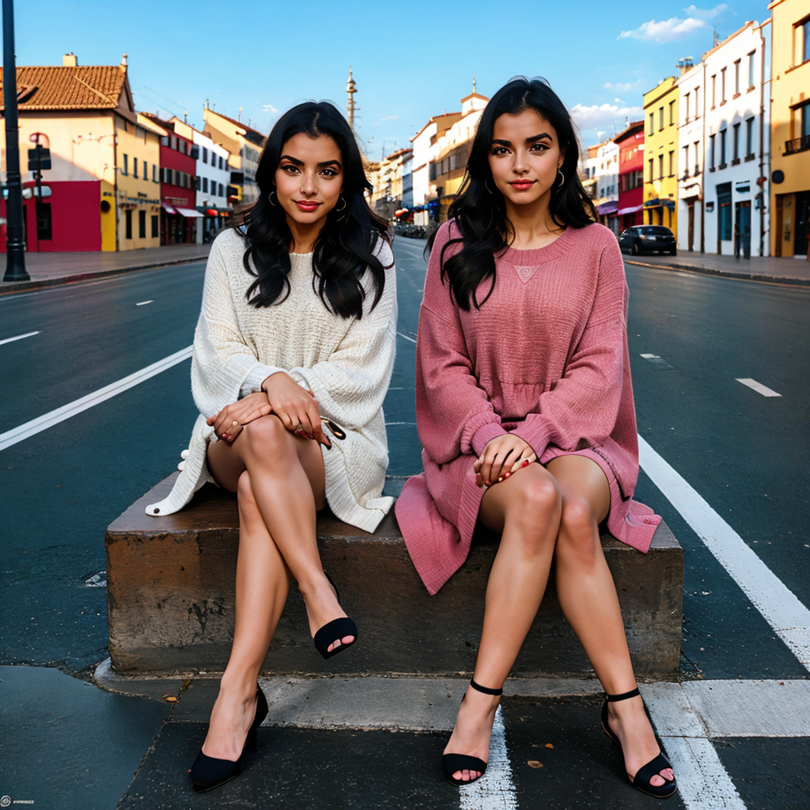 A single, one pretty Woman sitting on steps with legs crossed wearing a light blue off shoulder cotton frock with flowers designed on it she has big  and hot body, in a background of Srilanka