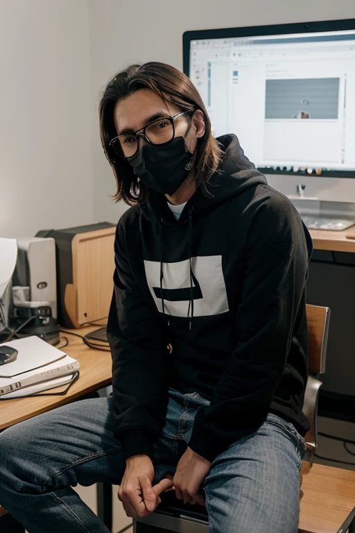 Anime friendly looking male business character is wearing a face mask, hoodie and sunglasses. He is sitting behind his laptop in his studio, arms on his desk. It is night. The room is minimalistic. He is front facing to the camera, looking straight and centered, central portrait, sitting straight, front view, centered looking straight. The overall ambiance of the image should convey a connection to minimalism, flat illustration, bold line, minimalism, simplified,