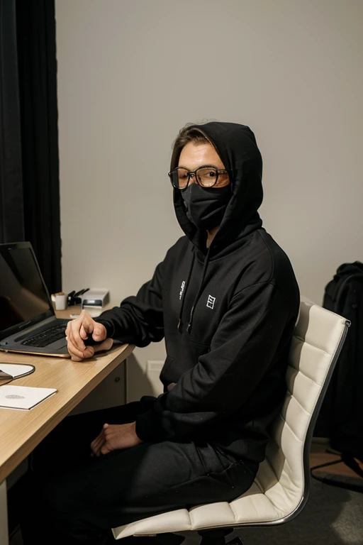 Anime friendly looking male business character is wearing a face mask, hoodie and sunglasses. He is sitting behind his laptop in his studio, arms on his desk. It is night. The room is minimalistic. He is front facing to the camera, looking straight and centered, central portrait, sitting straight, front view, centered looking straight. The overall ambiance of the image should convey a connection to minimalism, flat illustration, bold line, minimalism, simplified,