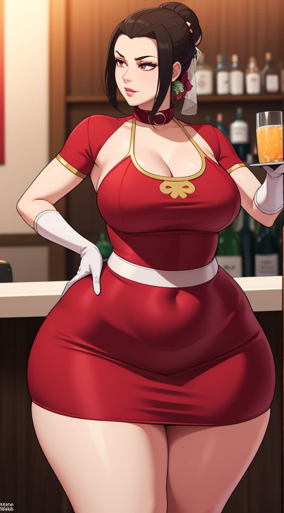 Azula. small saggy breasts. huge hips. collar. floral wedding dress. upskirt. stocklings. gloves. bar. (Very High Definition. 8K). realistic style, massive breasts, massive ass, massive thighs