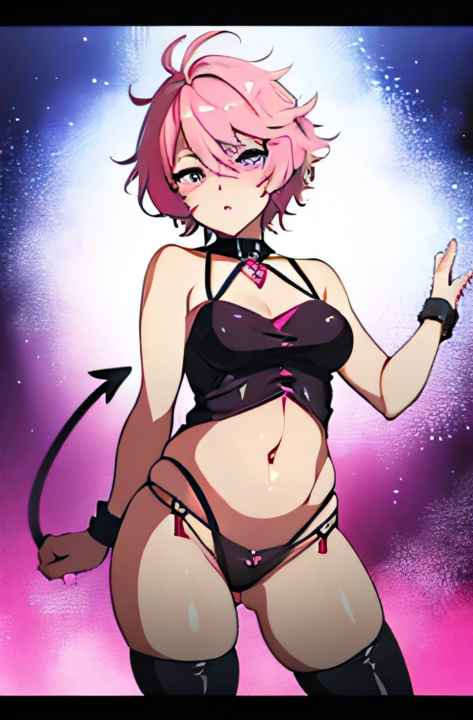 there is a cartoon picture of feminine boy with short pink hair, anime moe artstyle, 1 7 - - old me, in an anime style, demon femboy, flat anime style, cute, crossdresser, lewd body, curvy, hooker outfit, doing a sexy pose, medium breasts, horny expression