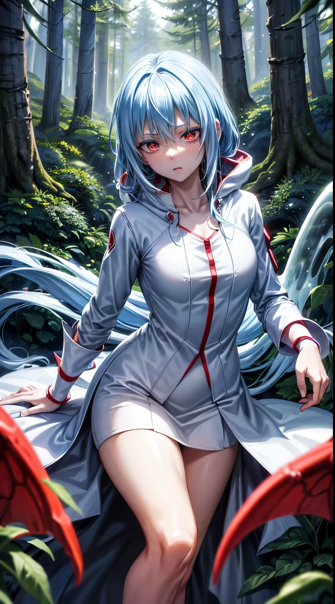(an adult tensei shitara slime anime character) Rimuru Tempest, with prominent and piercing eyes of a (((scarlet red))), which exude an aura of cold determination and a sharp intelligence, (hair is light heavenly blue), flowing and smooth, neutral mouth, cold gaze, reflecting an unshakable personality and an indomitable spirit, The white hood that covers the character's head adds a touch of mystery and nobility, complementing his enigmatic and powerful presence, complete character, ((( setting in the forest))), white skin, highly detailed scenery, (female student outfit), (checkered skirt)