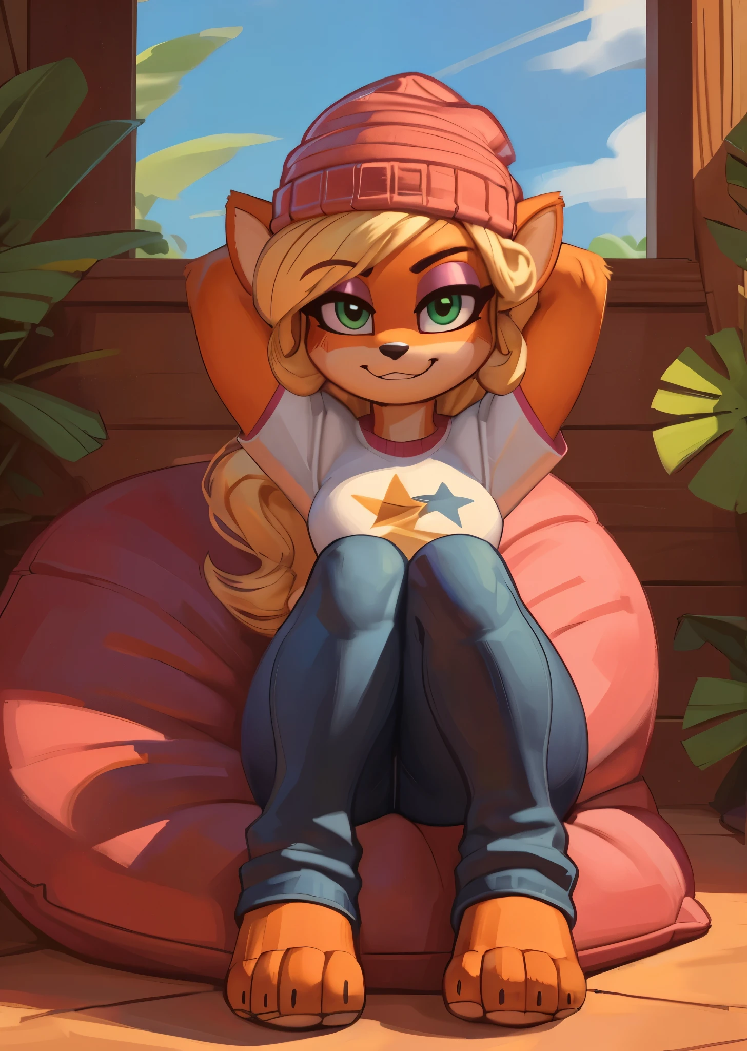 [Coco bandicoot], [Uploaded to e621.net; (Pixelsketcher), (wamudraws)], ((masterpiece)), ((HD)), ((solo portrait)), ((full body)), ((front view)), ((feet visible)), ((furry; anthro)), ((detailed fur)), ((detailed shading)), ((beautiful render art)), ((intricate details)), {anthro; orange fur, black nose, (cute green eyes), (short eyelashes), (pink eyeshadow), (long blonde curly hair), (curvy hips), (beautiful legs), (blushing), (smug smirk)}, {white tee shirt), (yellow star printed on shirt), (tight jeans), (pink beanie)}, {(on beanbag), (hands behind head), (looking at viewer)}, [background; (tropical forest), (tree house), (window), (blue sky), (sun rays)]