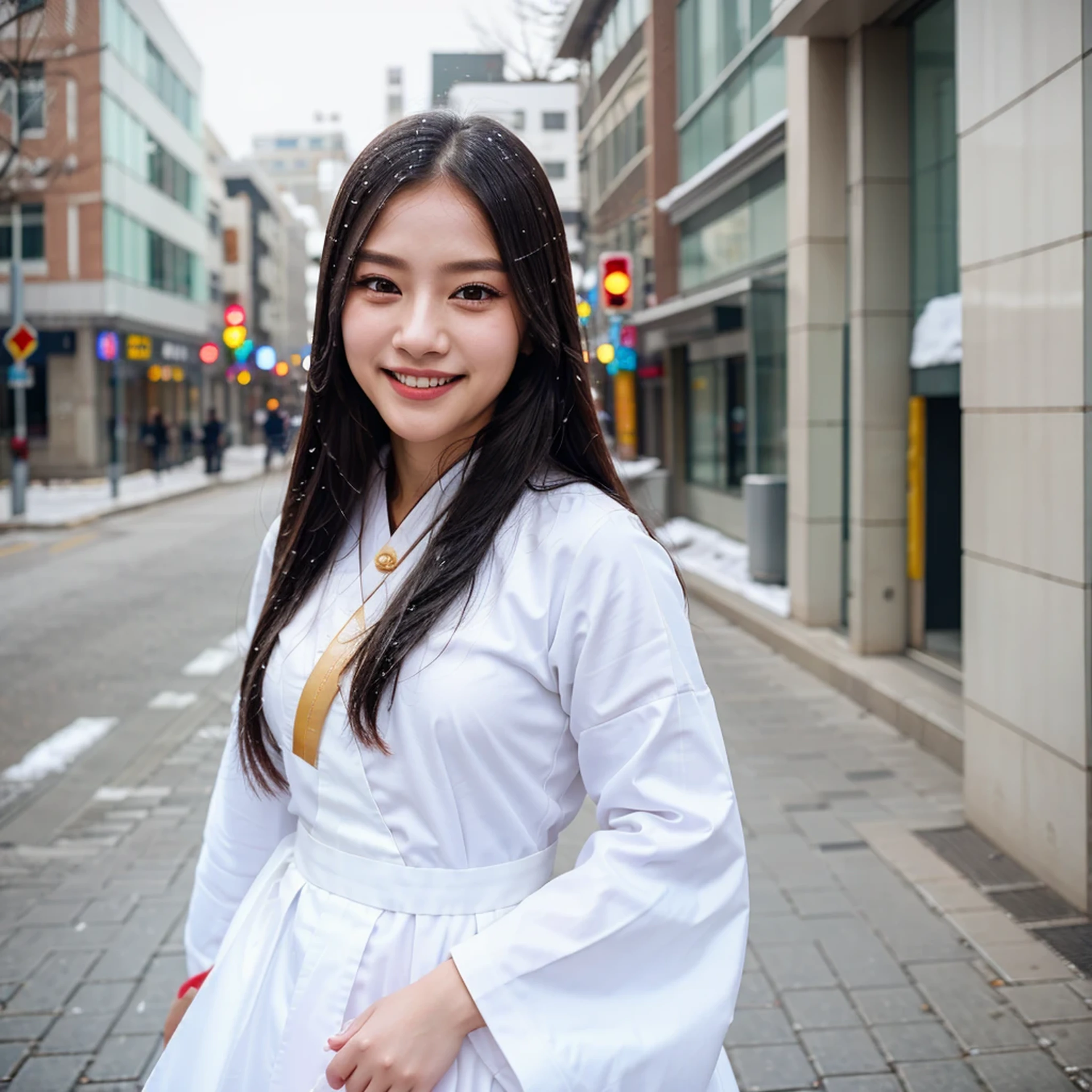 Best quality, 4K picture quality, 1girl, white Hanfu, snow, long hair fluttering in the wind, healing smile, large aperture, blurred background