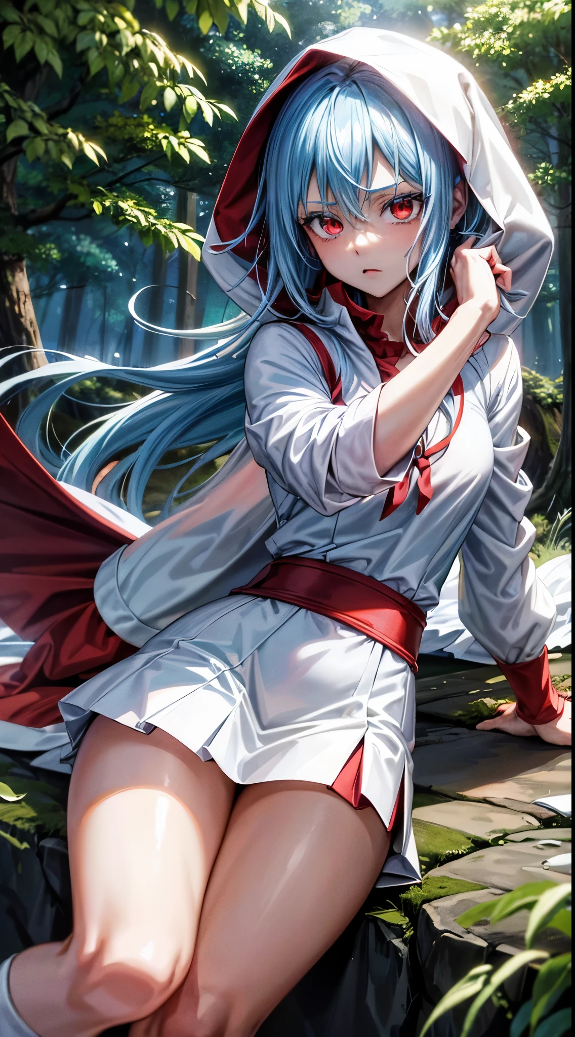 (an adult tensei shitara slime anime character) Rimuru Tempest, with prominent and piercing eyes of a (((scarlet red))), which exude an aura of cold determination and a sharp intelligence, (hair is light heavenly blue), flowing and smooth, neutral mouth, cold gaze, reflecting an unshakable personality and an indomitable spirit, The white hood that covers the character's head adds a touch of mystery and nobility, complementing his enigmatic and powerful presence, complete character, ((( setting in the forest))), white skin, highly detailed scenery, (female student outfit), (checkered skirt)