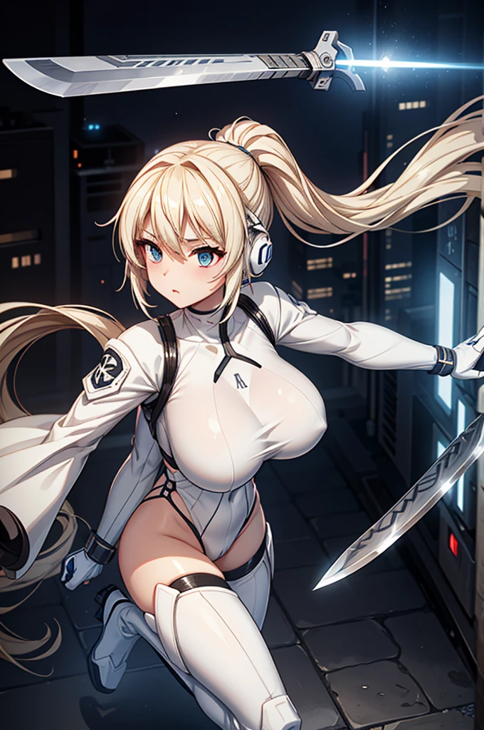 4K,hight resolution,One Woman,White blonde hair,poneyTail,head phone,Colossal tits,ninjartist,White Cybersuit,Knives,underground city