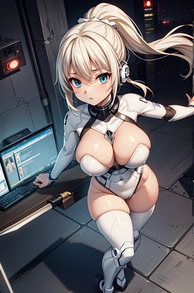 4K,hight resolution,One Woman,White blonde hair,poneyTail,head phone,Colossal tits,ninjartist,White Cybersuit,Knives,underground city