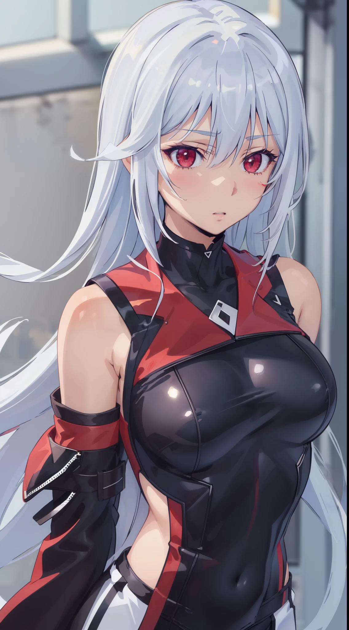 (masterpiece, best quality:1.2),illustration,8k,hd,1girl,very_long_hair,medium breasts,red_eyes,white_hair,((sleeveless)),zettai_ryouiki, (((leather outfit, leather clothes, upper body)))