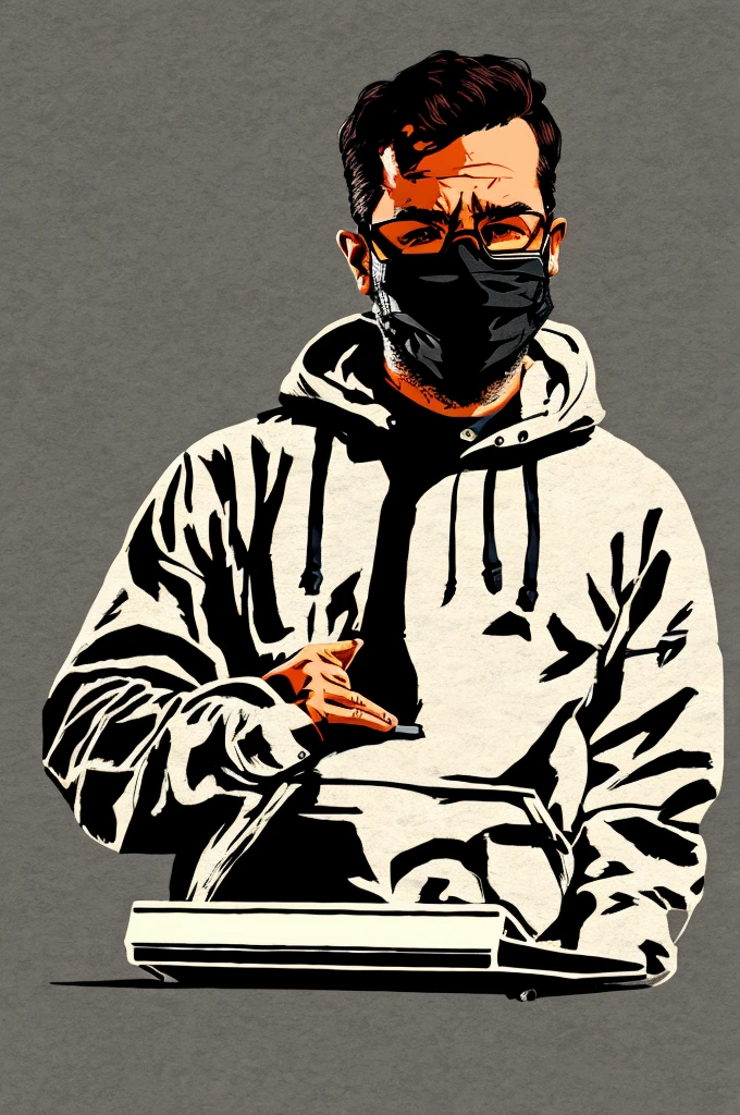Anime friendly looking male business character is wearing a face mask, hoodie and sunglasses. He is sitting behind his laptop in his studio, arms on his desk. It is night. The room is minimalistic. He is front facing to the camera, looking straight and centered, central portrait, sitting straight, front view, centered looking straight. The overall ambiance of the image should convey a connection to minimalism, flat illustration, bold line, minimalism, simplified, gouache illustration. 8k resolution