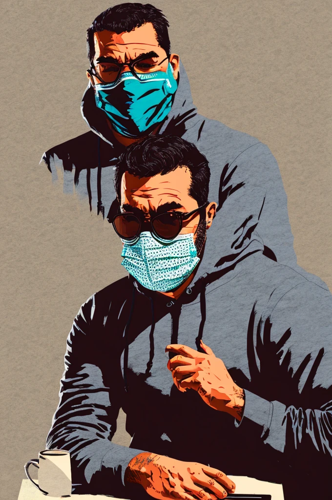 Anime friendly looking male business character is wearing a face mask, hoodie and sunglasses. He is sitting behind his laptop in his studio, arms on his desk. It is night. The room is minimalistic. He is front facing to the camera, looking straight and centered, central portrait, sitting straight, front view, centered looking straight. The overall ambiance of the image should convey a connection to minimalism, flat illustration, bold line, minimalism, simplified, gouache illustration. 8k resolution