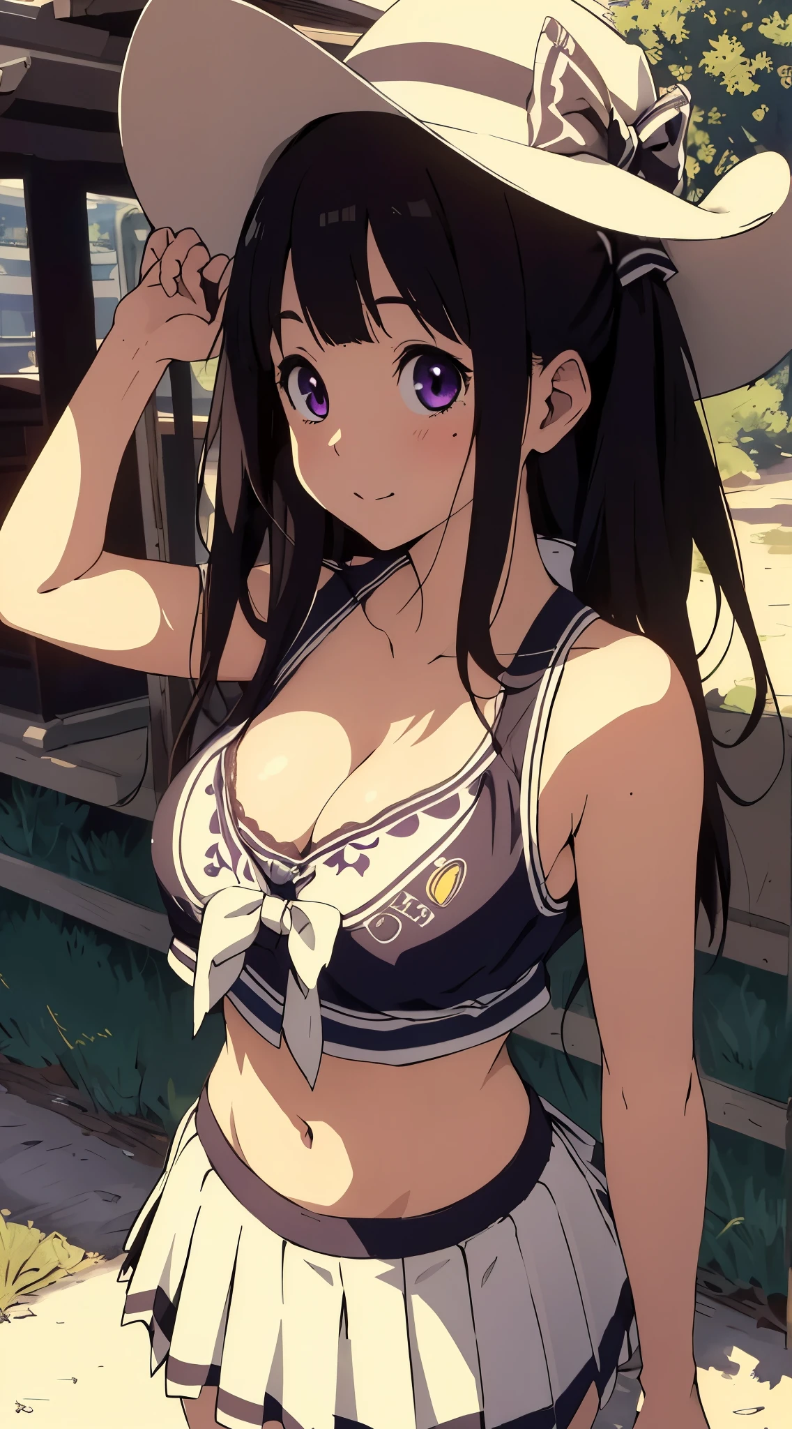 masterpiece, best quality, illustration, highly detailed, chitanda_eru, beautiful detailed eyes, cheerleader, cowboy shot, cleavage, midriff