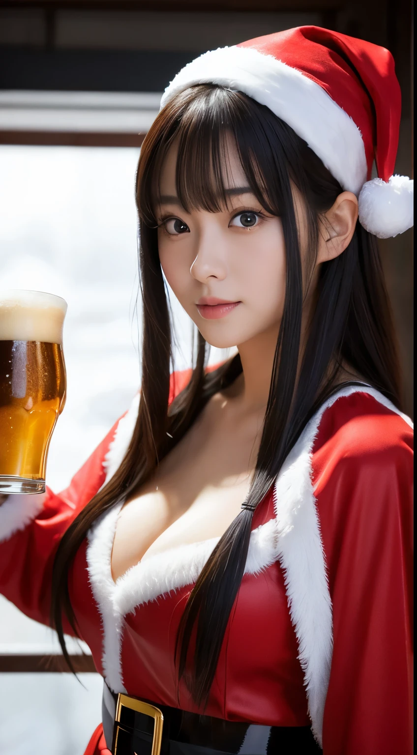 Best-quality, Masterpiece, Ultra-High-Resolution, (Photorealistic:1.4), Raw-Photo, Extremely-Details, Perfect-Anatomy, 1girl, 30-years-old, the most famous Japanese actress, (((wearing Santa-Craus's long-length-costume))), drinking beer in pub at midnight, extremely beautiful face like a most popular Japanese actress,. extremely beautiful big-black-solid-circle-eyes, extremely beautiful realistic-skins, detailed Santa-Craus's-long-costume