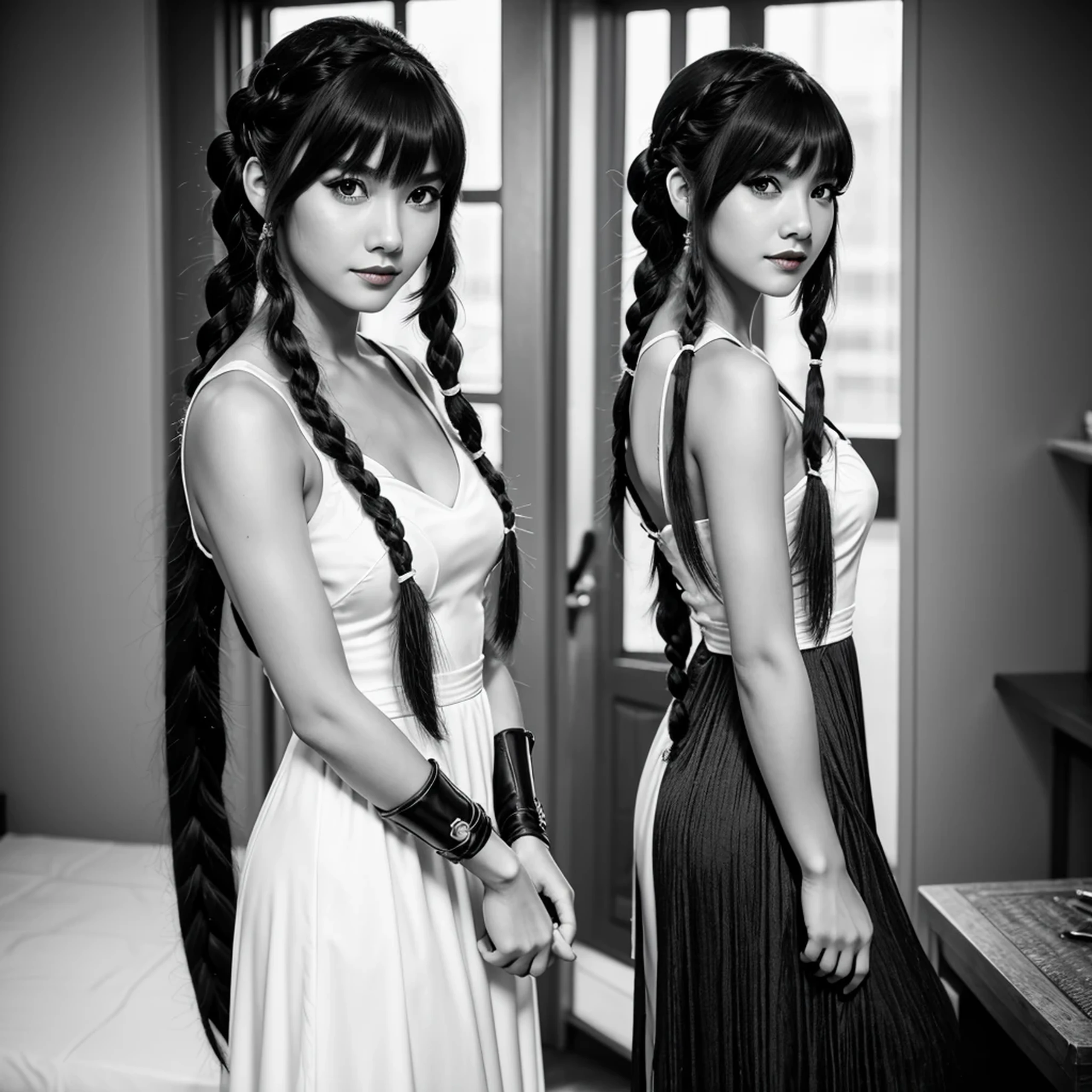 lynn minmay, 1girl, solo, monochrome, braid, looking at viewer, dress, long hair, traditional media, signature, bangs, makeup, own hands together, black hair, upper body, lipstick, drill hair, artist name, twin braids, bridal gauntlets, sleeveless