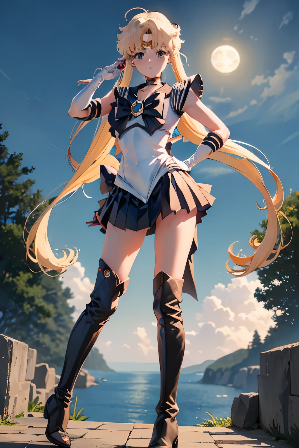 masutepiece, Best Quality, 1girl in, (lease),a blond, (black eyes:1.2),((Sailor Senshi))、((a miniskirt))、((embarassed expression))、((fullmoon))、((Photo from below))、((thigh high boots))、((Long))、((White Long Gloves))、((Panchira))