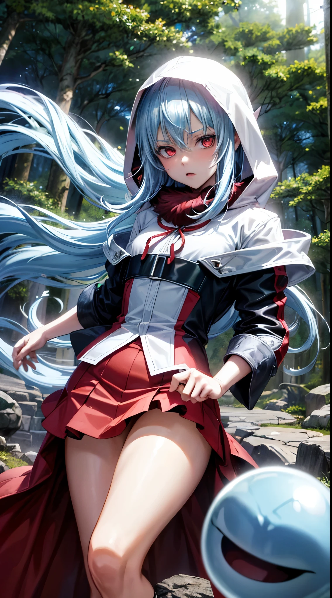 (an adult tensei shitara slime anime character) Rimuru Tempest, with prominent and piercing eyes of a (((scarlet red))), which exude an aura of cold determination and a sharp intelligence, (hair is light heavenly blue), flowing and smooth, neutral mouth, cold gaze, reflecting an unshakable personality and an indomitable spirit, The white hood that covers the character's head adds a touch of mystery and nobility, complementing his enigmatic and powerful presence, complete character, ((( setting in the forest))), white skin, highly detailed scenery, (female student outfit), (checkered skirt)