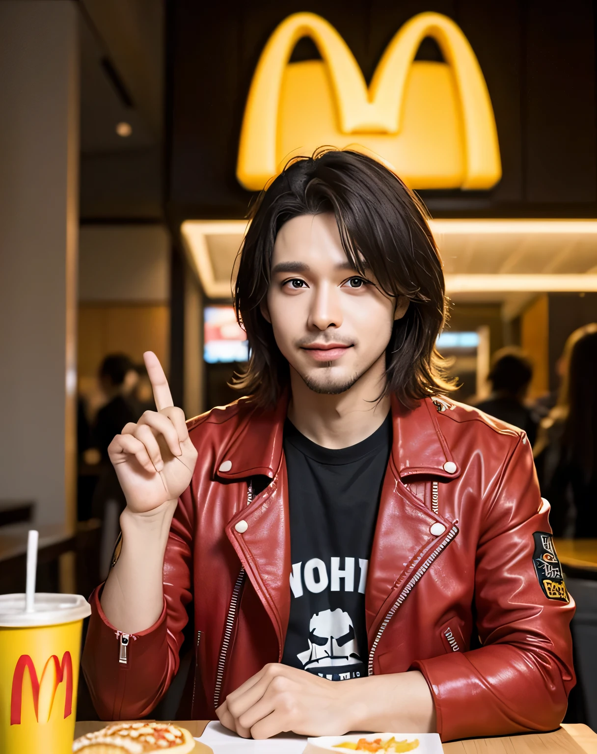AUTOR BRASILEIRO CLAYTON DE LA VIE com cabelo LITERALMENTE feito de batata frita. Ele veste uma jaqueta de COURO vermelha e amarela, in front of him is a table full of hamburgers, refrigerante e batatas fritas do McDonald's