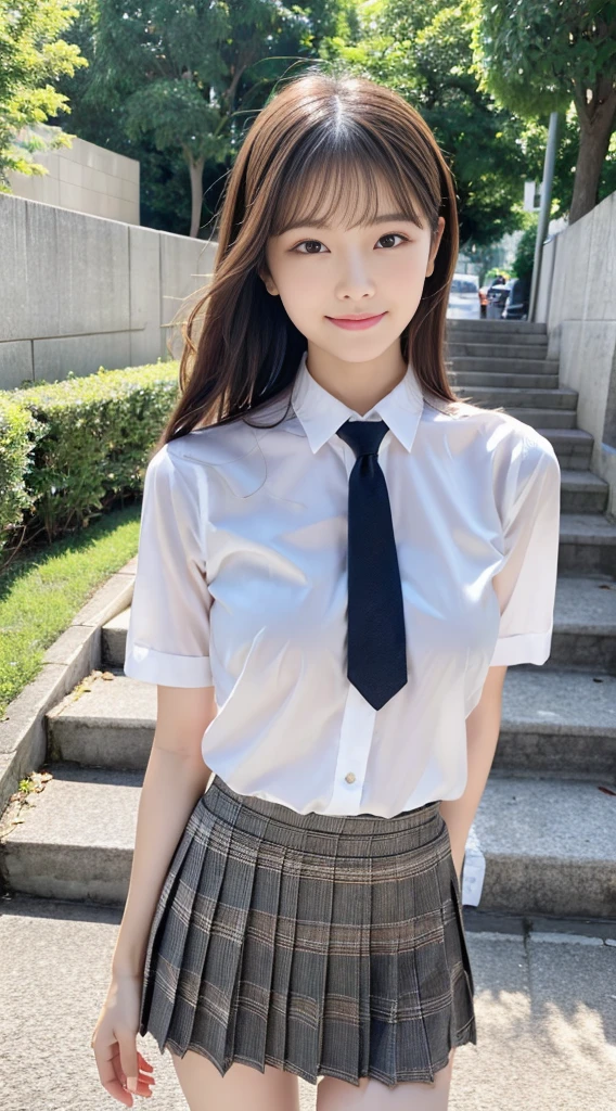 (1womanl、FULL BODYSHOT、Photograph the entire subject)、Black eyes、Korean School Uniform、Summer School Uniform Shirts、Ribbon tie、Plaid mini skirt、Light brown hair、stairs at school、stairs at schoolを下りる、Chest thrusting pose、Pose to show off your breasts、8K RAW Photos、hight resolution、16-year-old cool Korean、very large round breasts、beautiful eyes finely detailed、long eyeslashes、Beautiful double eyelids、eyeshadows、eye line、Slender eyes、elongated eye shape、Sanpaku eyes、evil smile、Evil look、beautiful and very thin legs、beautiful and very thin thighs,、Random Medium Hair、Tie your hair behind your head、耳环、