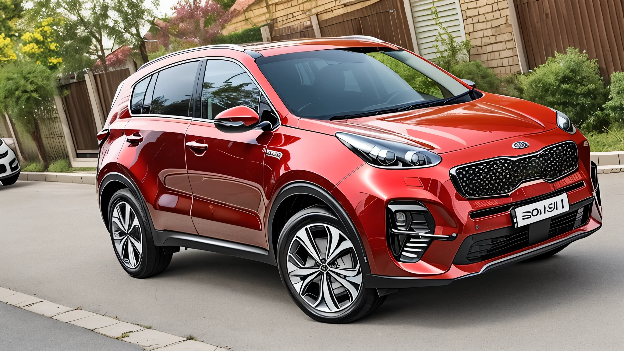 A photo of a red 2021 KIA Sportage parked in front of a residential block on a street in Chisinau, Moldova. The driver's door is open, out of the car steps a 27-year-old Moldovan man dressed in a white shirt, blue tie and black trousers. --auto --s2