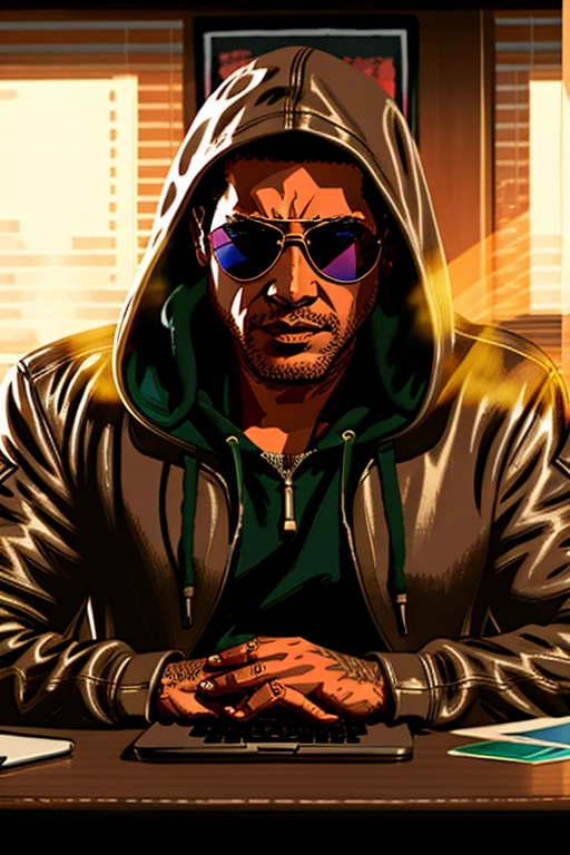 arafed man in a hoodie and sunglasses sitting at a desk with a laptop, sage ( valorant ), pandemic, artwork in the style of guweiz, inspired by Liam Wong, realistic artstyle, atey ghailan 8 k, rossdraws global illumination, in style of atey ghailan, cyril rolando and goro fujita,in a mask,sitting with laptop on this table .