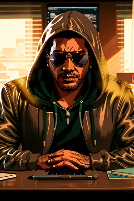 arafed man in a hoodie and sunglasses sitting at a desk with a laptop, sage ( valorant ), pandemic, artwork in the style of guweiz, inspired by Liam Wong, realistic artstyle, atey ghailan 8 k, rossdraws global illumination, in style of atey ghailan, cyril rolando and goro fujita,in a mask,sitting with laptop on this table .