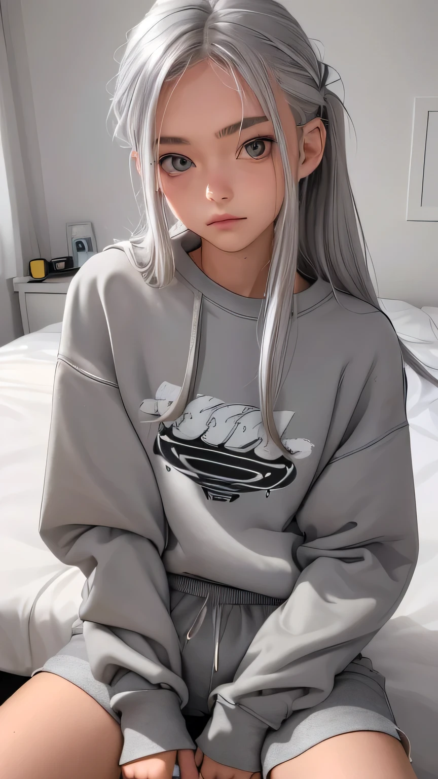 (Best quality, tmasterpiece, is a perfect face) whaite hair, 18yo Girl, cute big breasts,Mullet head,Sitting in bed using laptop,sweatshirts,Ultra shorts
