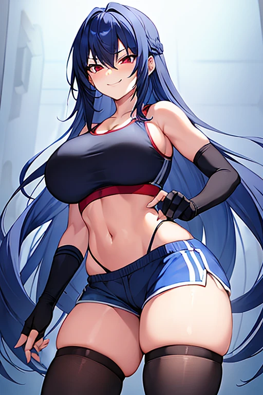 1girl, blue hair, dark blue hair, long hair, red eyes, long hair, breasts, large breasts, wide hips, thick thighs, sports bra, black sports bra, blue trim, shorts, highleg panties, fingerless gloves, black thighhighs, thighhighs, gloves, highleg, smile, smirk, smug, gym