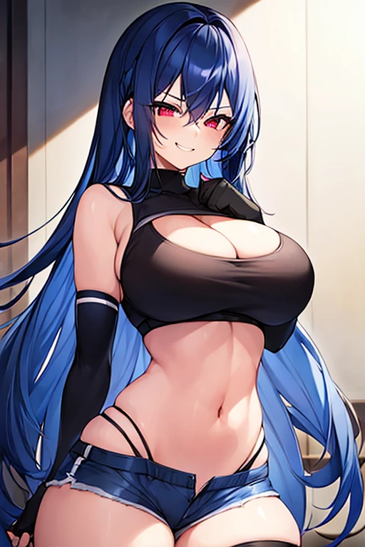 1girl, blue hair, dark blue hair, long hair, red eyes, long hair, breasts, large breasts, wide hips, thick thighs, sports bra, black sports bra, blue trim, shorts, highleg panties, fingerless gloves, black thighhighs, thighhighs, gloves, highleg, smile, smirk, smug, gym