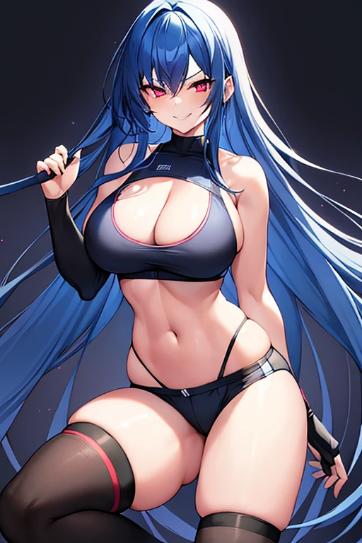 1girl, blue hair, dark blue hair, long hair, red eyes, long hair, breasts, large breasts, wide hips, thick thighs, sports bra, black sports bra, blue trim, shorts, highleg panties, fingerless gloves, black thighhighs, thighhighs, gloves, highleg, smile, smirk, smug, gym