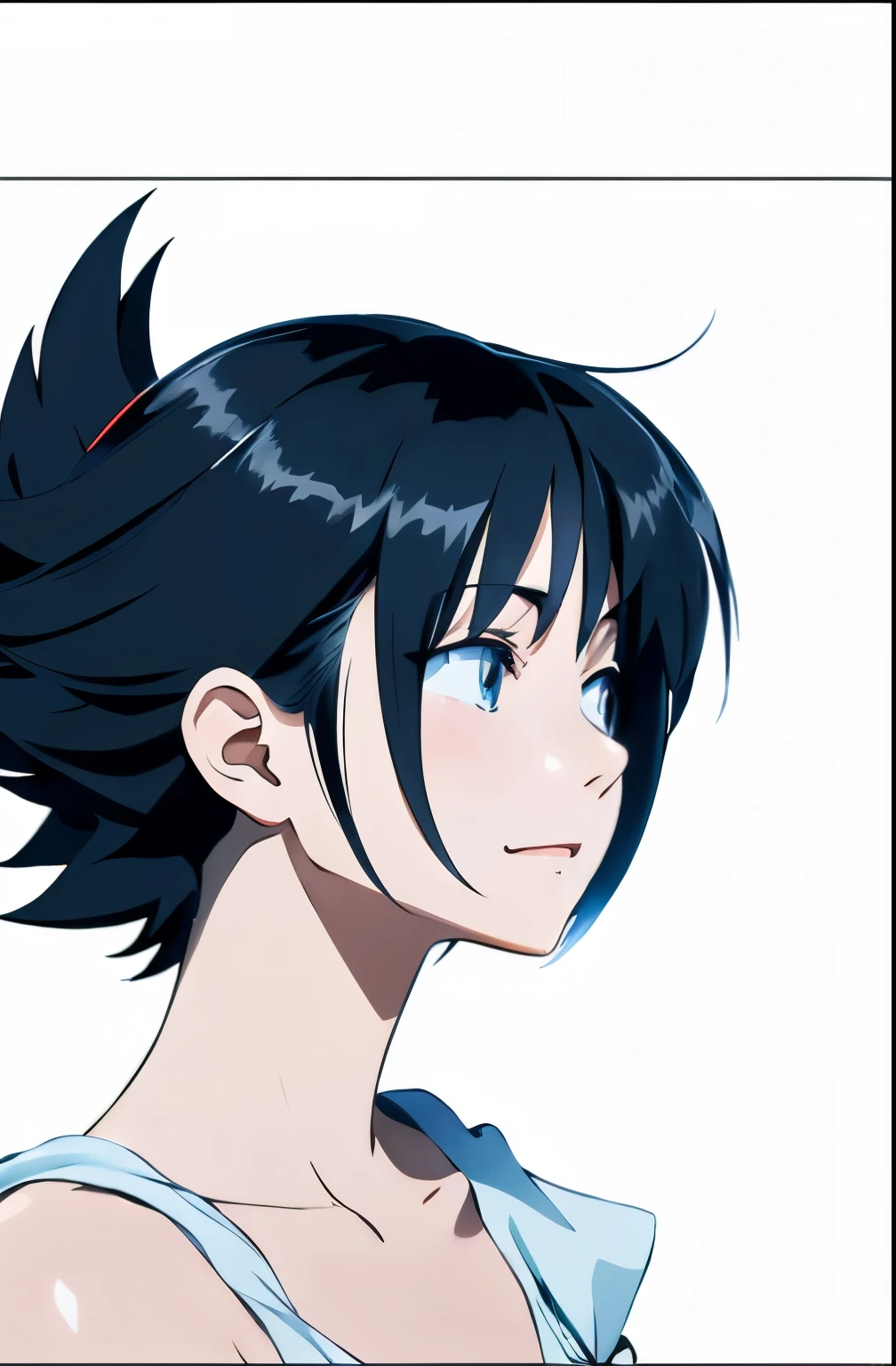 Black hair, Anime, Ghibli, Anime style, close up, From Side, One-person viewpoint, 8K, Super Detail, masutepiece,Super Detail, High quality, High resolution, high detailing, White background, Face Detail, Happiness, Curly hair, Blue eyes、Full body like
