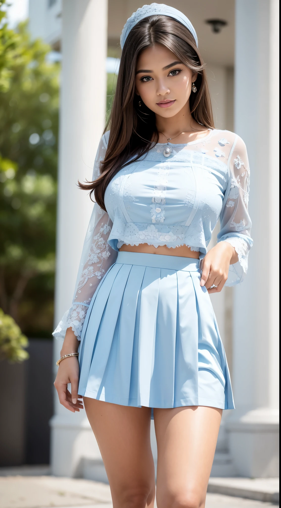 ( Close Up),RAW, Best quality, high resolution, masterpiece: 1.3), beautiful Malay woman ,Masterpiece, perfect fit body, (big breast),big gorgeous eyes, Soft smile,thick thighs, beutifull face, woman standing in a blue skirt and white top is walking down a sidewalk, pale blue outfit, flowing blue skirt, very beautiful style, modest!, light blue and white tones, intricate outfit, beautiful detailed elegant, white and pale blue toned, bluish and cream tones, pleated skirt, white and pale blue, well - detailed outfit, modestly dressed , Excellent lighting, Bright colors, Clean lines