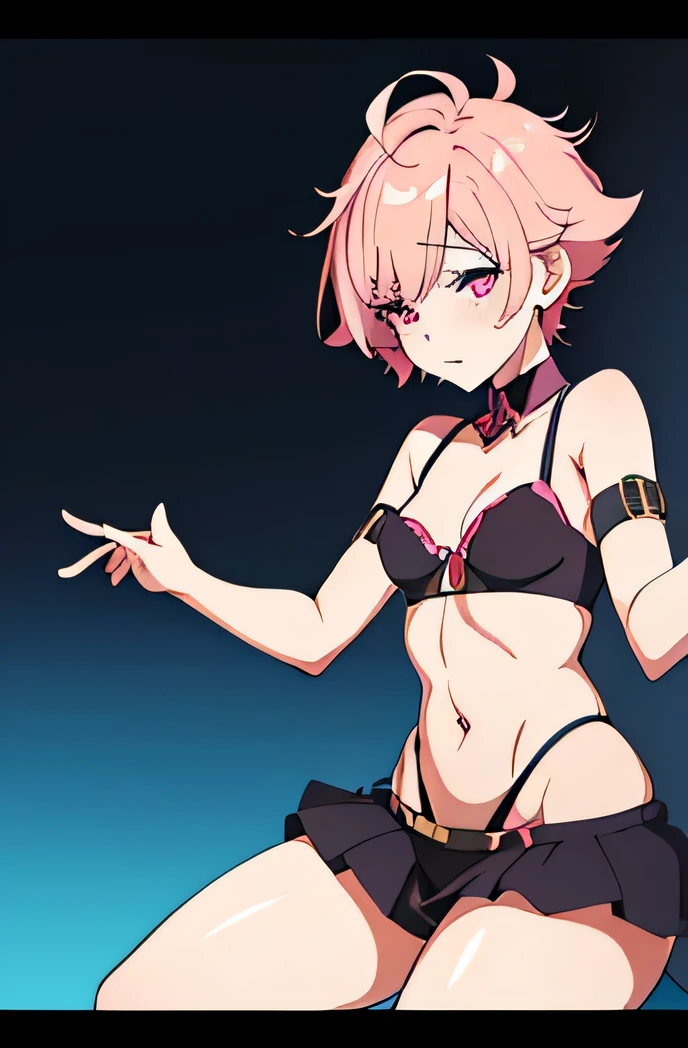 there is a cartoon picture of feminine boy with short pink hair, anime moe artstyle, 1 7 - year - old anime, in an anime style, demon femboy, flat anime style, cute, crossdresser, lewd body, curvy, hooker outfit, doing a sexy pose, medium breasts, horny expression, whoring