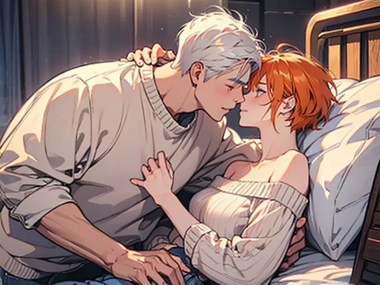 ​master piece,Best Quality,Couple lying in bed、flirt、Dynamic Pose、girl with(White hair,short-hair、Smile、off-the-shoulder sweater,Short pants、casual,Short stature、small tits),a handsome man(Orange hair,Boyish hairstyle,Upper body naked、jeans、well-muscled,Firm shoulder width, cool expression,tall, 33yo),Body disparity、Lie down in bed，Bedroom、Intense kiss、NSFW、Romance